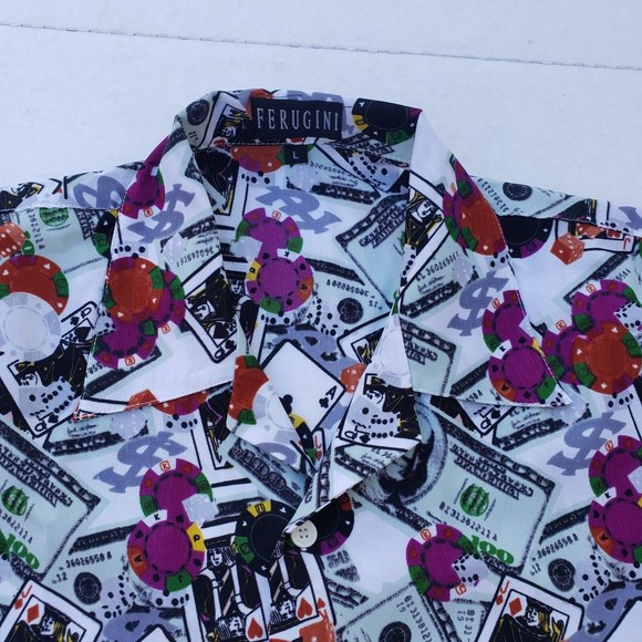 Ferugini Button Up Shirt Casino, Poker, Dice $100 Bills All Over Print  SZ Large - Picture 11 of 12